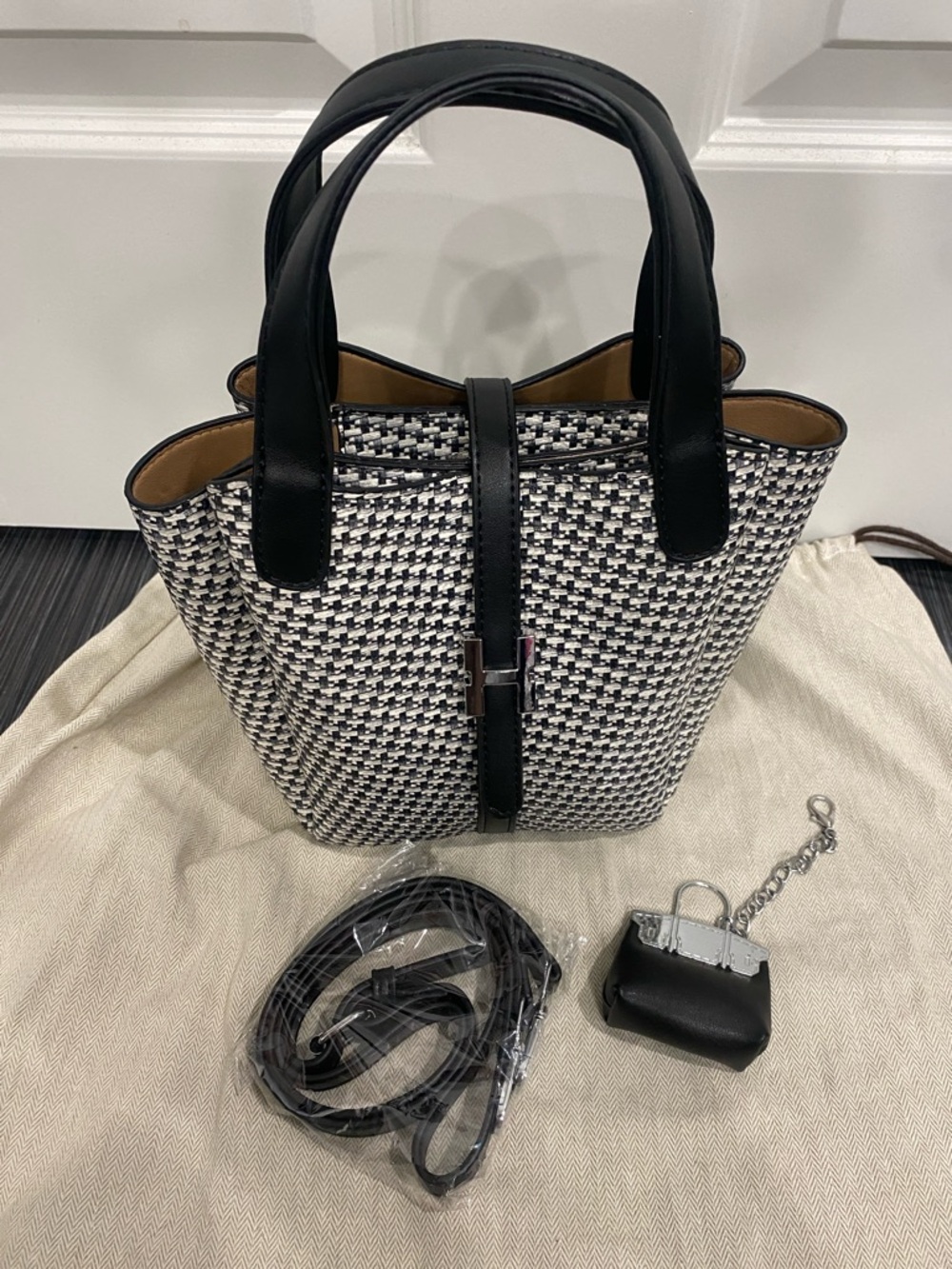 Black & White Woven style vegan leather Tote Bag with Leather Trim